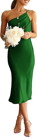 PRETTYGARDEN Women's 2025 Summer Midi Satin Dress One Shoulder Spaghetti Strap Backless Ruched Bodycon Dresses