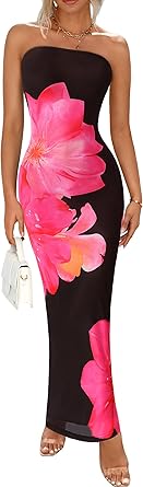 PRETTYGARDEN Women Summer Strapless Maxi Dress Bodycon Floral Sexy Long Wedding Guest Dress Formal Tube Mesh Cocktail Dresses